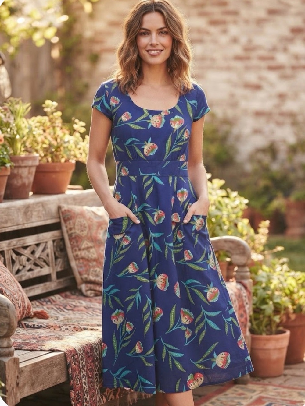 Karma East Blue Floral Cotton Midi Dress with Pockets Size L